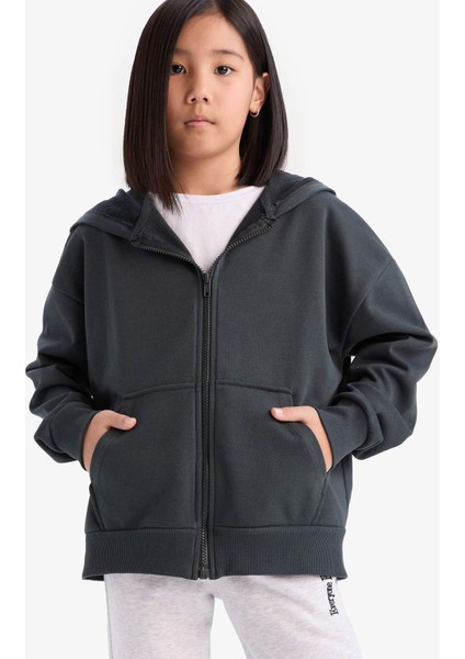 Kız Çocuk Kapüşonlu Basic Düz Cepli Fermuarlı Sweatshirt D9079A825SP