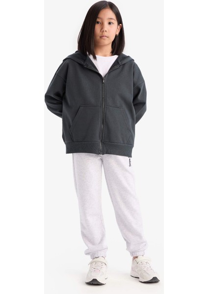 Kız Çocuk Kapüşonlu Basic Düz Cepli Fermuarlı Sweatshirt D9079A825SP