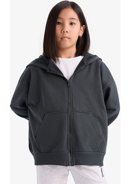 Kız Çocuk Kapüşonlu Basic Düz Cepli Fermuarlı Sweatshirt D9079A825SP