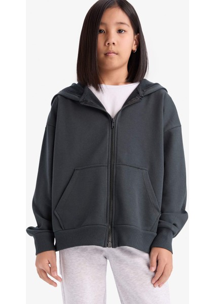 Kız Çocuk Kapüşonlu Basic Düz Cepli Fermuarlı Sweatshirt D9079A825SP