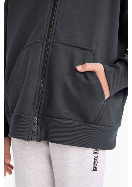 Kız Çocuk Kapüşonlu Basic Düz Cepli Fermuarlı Sweatshirt D9079A825SP