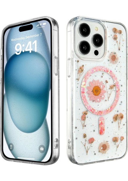 Newface iPhone 15 Pro Kılıf Daisy Simli Magsafe Kapak - Pembe