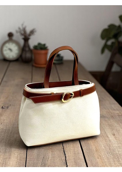 Kadın Keten Dokuma Vizon Tote Bag. El ve Omuz Çantası. RY425