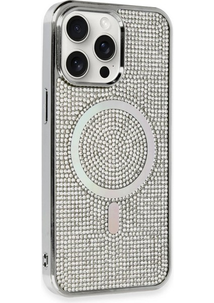 Newface iPhone 15 Pro Kılıf Diamond Magsafe Kapak - Gümüş