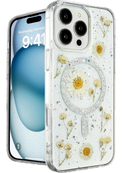 Newface iPhone 16 Pro Max Kılıf Daisy Simli Magsafe Kapak - Gümüş