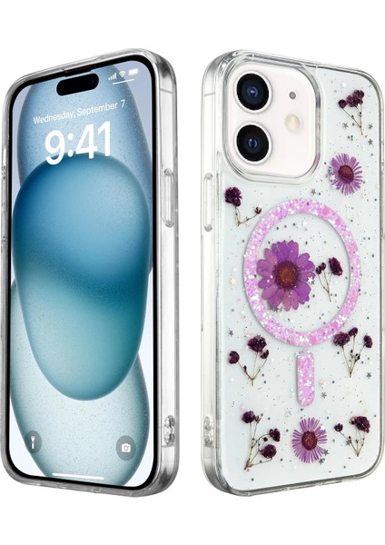 Newface iPhone 12 Kılıf Daisy Simli Magsafe Kapak - Mor