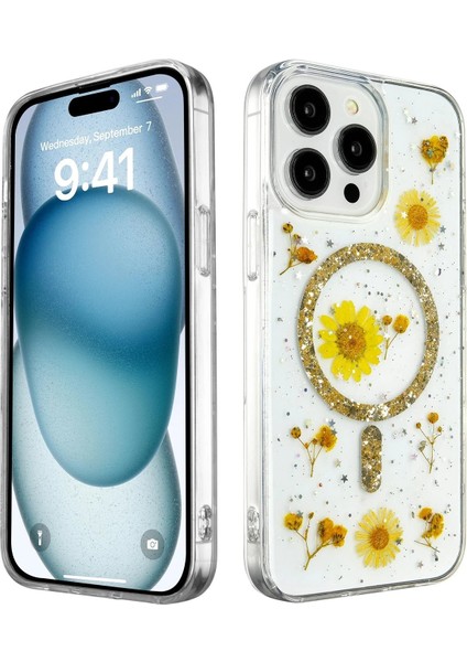 Newface iPhone 14 Pro Kılıf Daisy Simli Magsafe Kapak - Gold