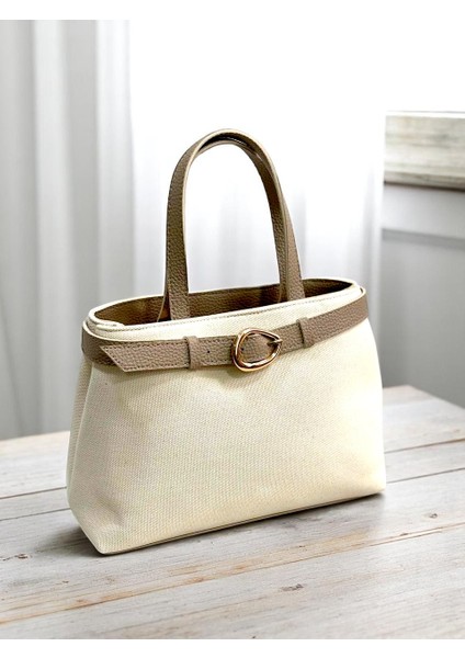Kadın Keten Dokuma Vizon Tote Bag. El ve Omuz Çantası. RY425