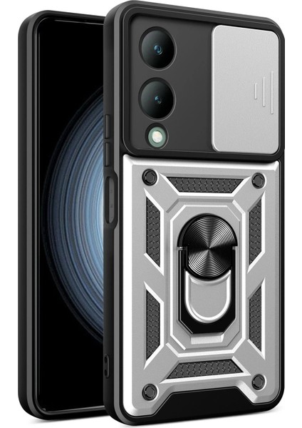 Newface Vivo Y17S Kılıf Pars Lens Yüzüklü Silikon - Gümüş