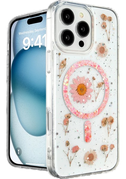 Newface iPhone 16 Pro Kılıf Daisy Simli Magsafe Kapak - Pembe