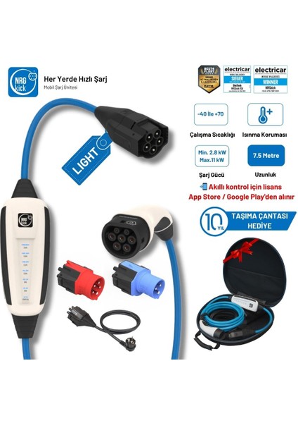 Çantalı Premium Set 16A Light 11KW Ev Prizi 7.5m Ac Mobil Monofaze & Trifaze Şarj (Wallbox)