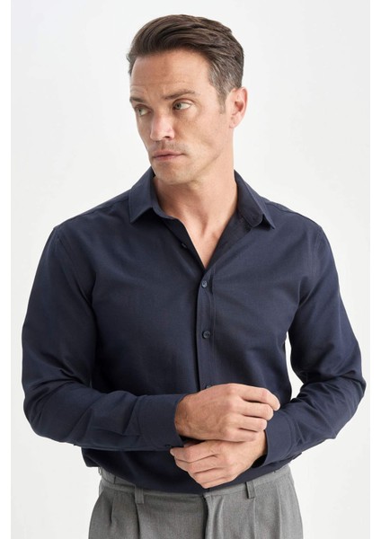 Modern Fit Polo Yaka Dokulu Uzun Kollu Gömlek E0475AX24AU