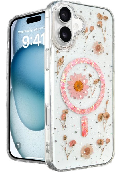 Newface iPhone 16 Kılıf Daisy Simli Magsafe Kapak - Pembe