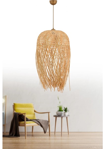 Istanbul Avize Saçaklı Rattan 50 cm Eskitme Tesisatlı Avize Bambu,iskandinav,bohem,modern Aydınlatma