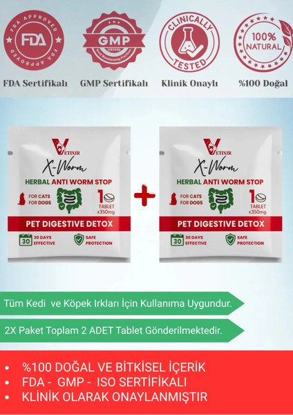 Bitkisel Kedi ve Köpek Parazit Tableti X-Worm Herbal Anti-Worm 2 Adet Tablet
