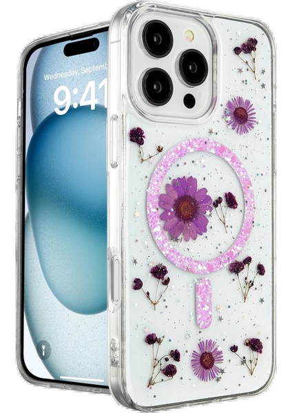Newface iPhone 16 Pro Kılıf Daisy Simli Magsafe Kapak - Mor