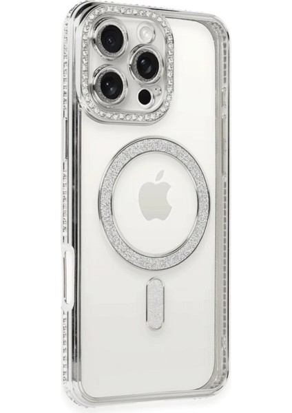Newface iPhone 16 Pro Kılıf Joke Simli Magneticsafe Kılıf - Gümüş