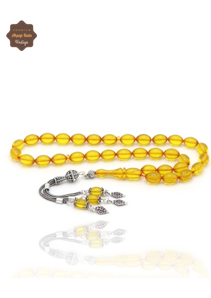 Sarı Arpa Kesim Üçlü Gümüş Püsküllü Ateş Kehribar Tesbih 201024362