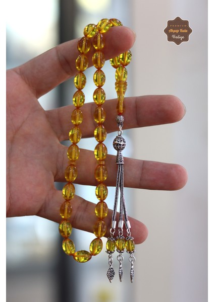 Sarı Arpa Kesim Üçlü Gümüş Püsküllü Ateş Kehribar Tesbih 201024362 fırsatları