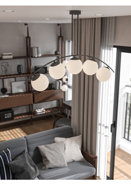 Lal Modern Siyah 5’li Beyaz Cam Küre Avize | Yay Formlu Tavan Aydınlatma