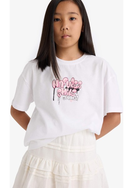 Kız Çocuk Oversize Geniş Kalıp Bisiklet Yaka Sırt Baskılı Kısa Kollu Tişört E0367A825SM modelleri