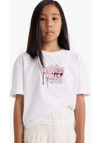 Kız Çocuk Oversize Geniş Kalıp Bisiklet Yaka Sırt Baskılı Kısa Kollu Tişört E0367A825SM fırsatları