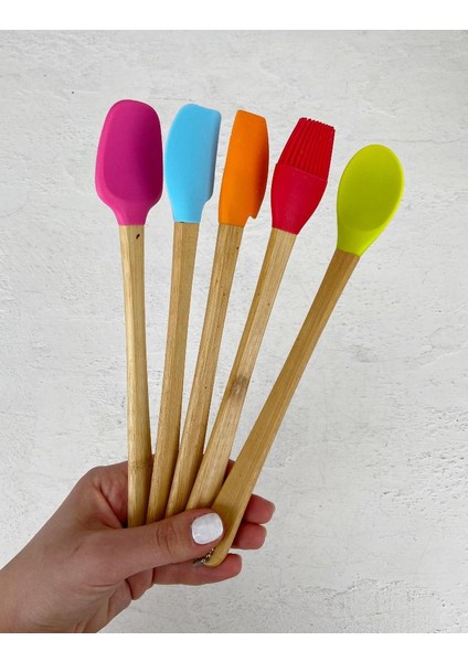 5'li Bambu Silikon Mini Spatula Seti Renkli