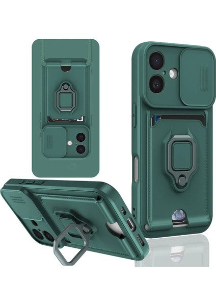 Newface iPhone 16 Kılıf Zuma Kartvizitli Yüzüklü Silikon - Yeşil