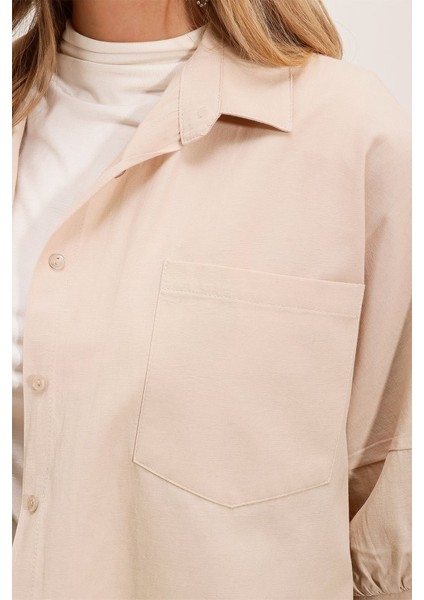 20213 Oversize Kısa Kol Basic Gömlek - Krem