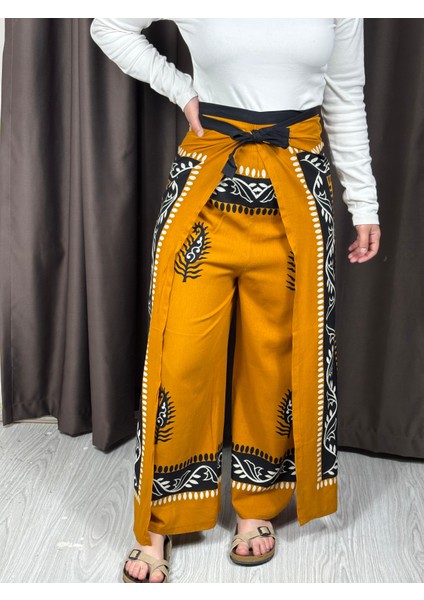 Etnik Desenli Bağlamalı Bulmaca Pantolon