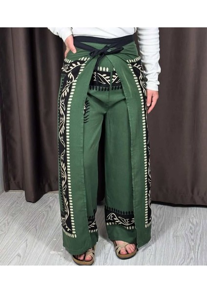 Etnik Desenli Bağlamalı Bulmaca Pantolon