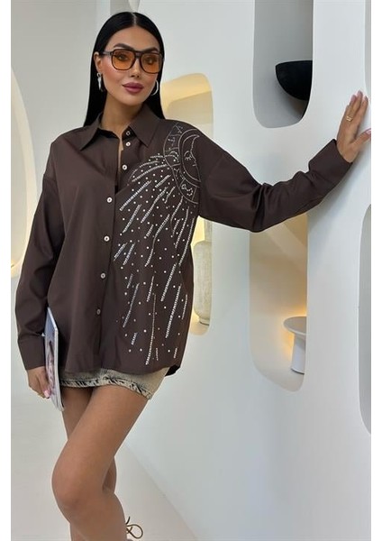 Ay Figürlü Taş Işlemeli Poplin Gömlek 3440