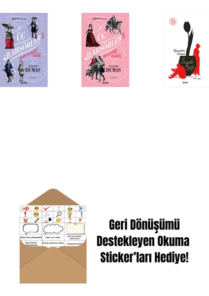 Üç Silahşörler 5 - Demir Maskeli Adam (Ciltli) + Üç Silahşörler 3 - Bragelonne Vikontu + Siyah Lale + Okuma Sticker'ları