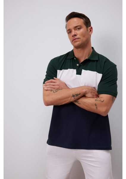 %100 Pamuk Regular Fit Polo Yaka Bloklu Kısa Kollu Tişört D7940AX25SP