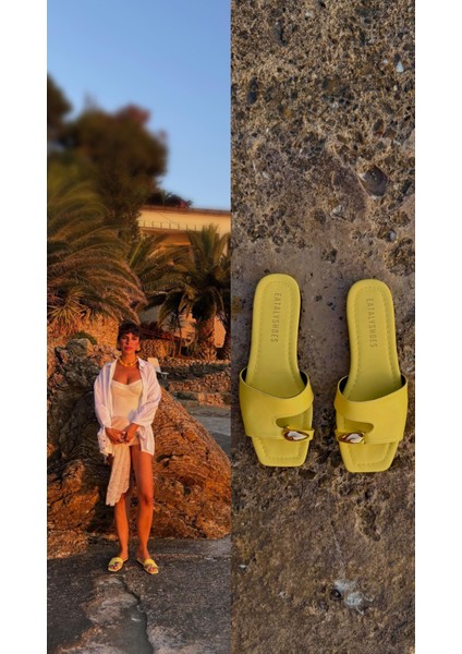 Aksesuar Detaylı Pencereli Sarı Kadın Terlik