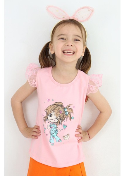 Kız Çocuk Tişört Çılgın Kız Baskılı Kolları Nakış Güpürlü 1.5-5 Yaş, Pembe