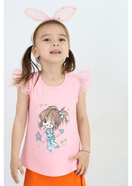 Kız Çocuk Tişört Çılgın Kız Baskılı Kolları Nakış Güpürlü 1.5-5 Yaş, Pembe fiyatları