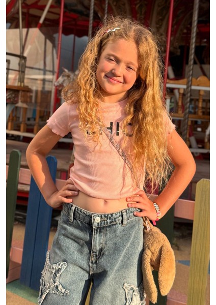 Kız Çocuk Tişört Crop Yazı Baskılı 8-14 Yaş, Somon