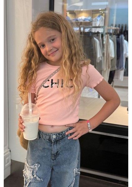 Kız Çocuk Tişört Crop Yazı Baskılı 8-14 Yaş, Somon fiyatları