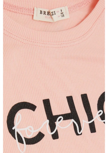 Kız Çocuk Tişört Crop Yazı Baskılı 8-14 Yaş, Somon indirimleri