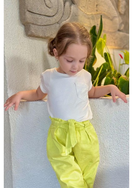 Kız Çocuk Tişört Cepli Güpürlü 3-7 Yaş, Ekru