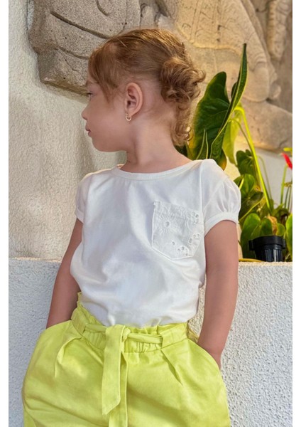 Kız Çocuk Tişört Cepli Güpürlü 3-7 Yaş, Ekru fiyatları