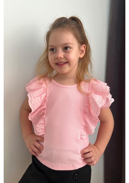 Kız Çocuk Tişört Güpürlü Çiçek & Yaprak Nakışlı 6-12 Yaş, Pembe