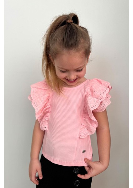 Kız Çocuk Tişört Güpürlü Çiçek & Yaprak Nakışlı 6-12 Yaş, Pembe fiyatları