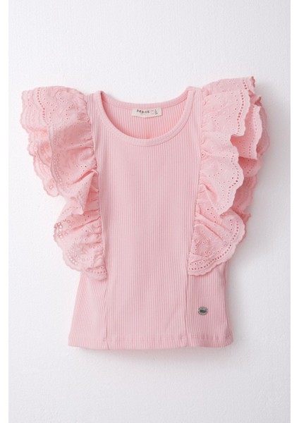 Kız Çocuk Tişört Güpürlü Çiçek & Yaprak Nakışlı 6-12 Yaş, Pembe modelleri