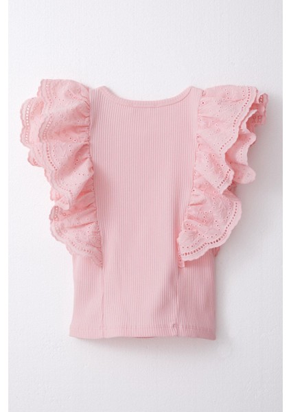 Kız Çocuk Tişört Güpürlü Çiçek & Yaprak Nakışlı 6-12 Yaş, Pembe fırsatları