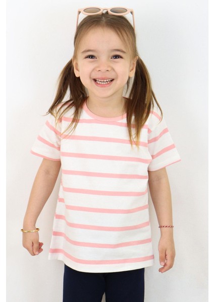 Kız Çocuk Tişört Patlı Çizgili 1-4 Yaş, Ekru