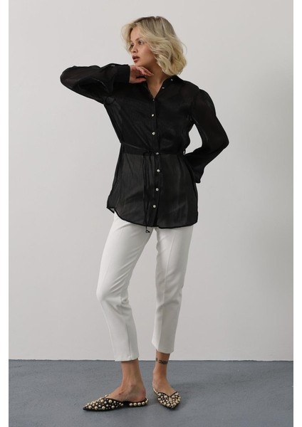 Belden Bağlamalı Uzun Kol Gömlek - Siyah