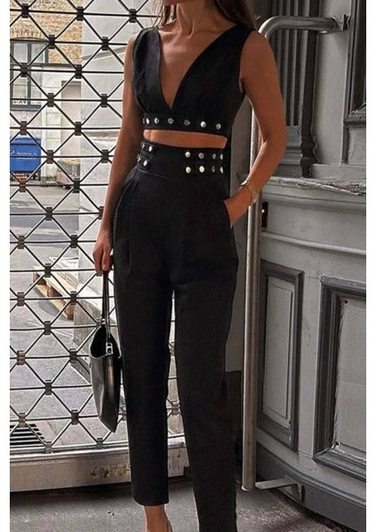 Kadın Double Krep Kumaş Düğme Aksesuar Detaylı Takım