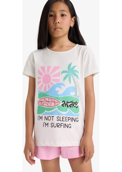 Kız Çocuk Pijama Takımı Baskılı Kısa Kollu Üst Beli Lastikli Şort E0665A825HS